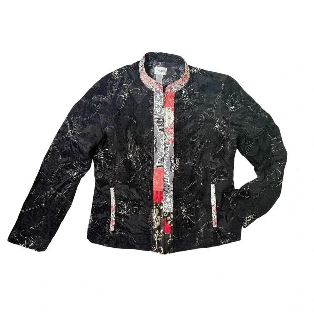 Chicos Full Zip Jacket Floral Silk Linen Artsy Patchwork Size 1 Medium